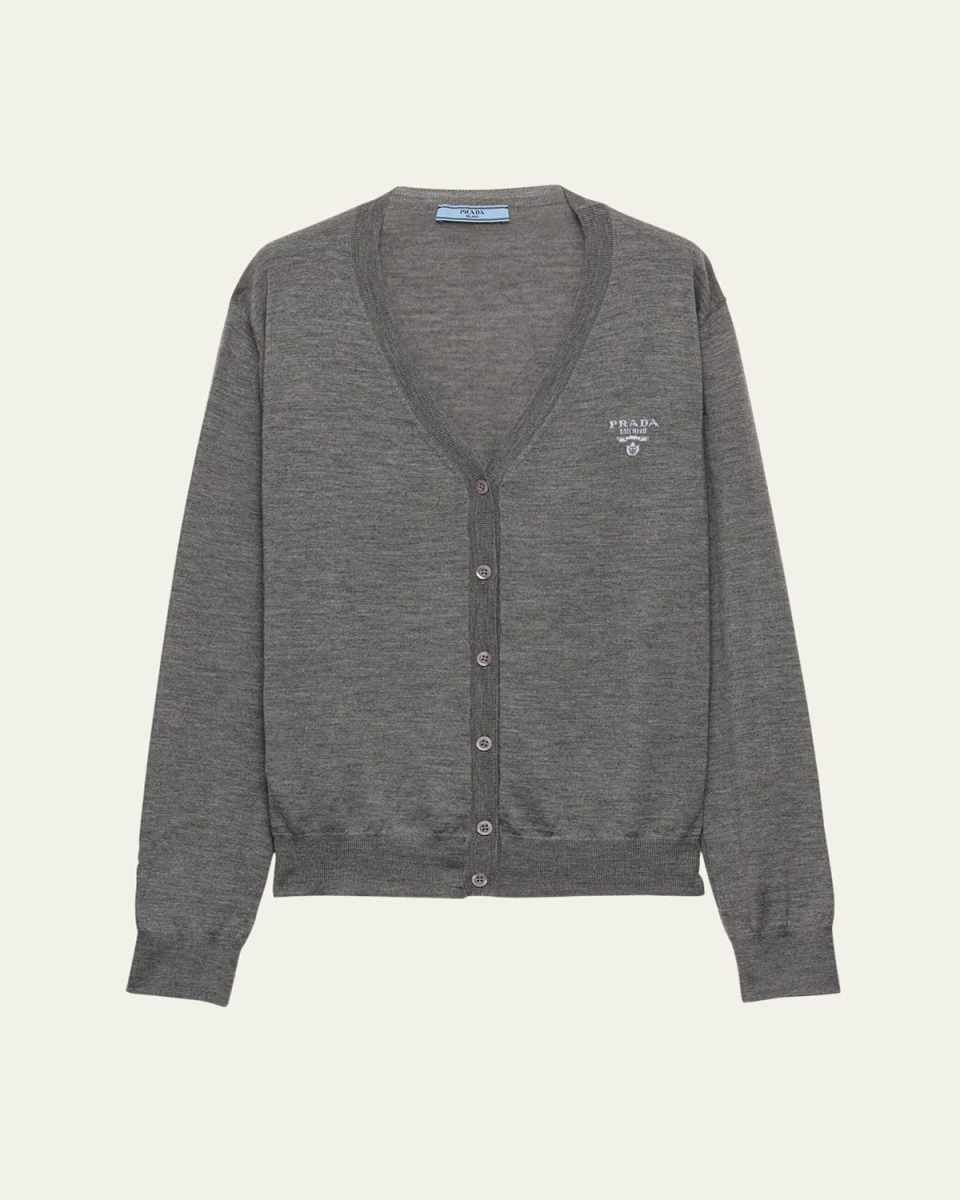 Logo Intarsia V-Neck Superfine Cashmere Cardigan